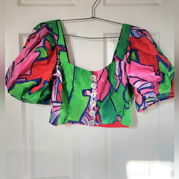 Farm Rio Tropical Bunch Puff Sleeve Crop Top - Picture 2 of 4